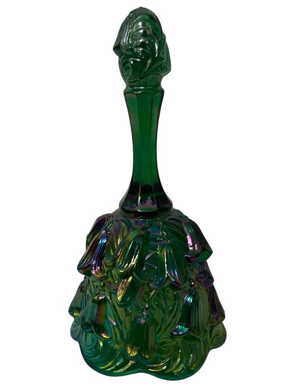 Fenton Green Iridescent Carnival Glass Bell with Floral Motif Lily of the Valley